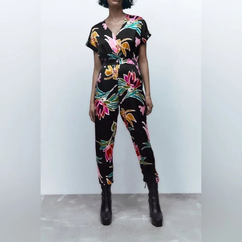 ZARA Tropical Floral Jumpsuit Satin Resortwear Vacation Cropped Resort Sz XS